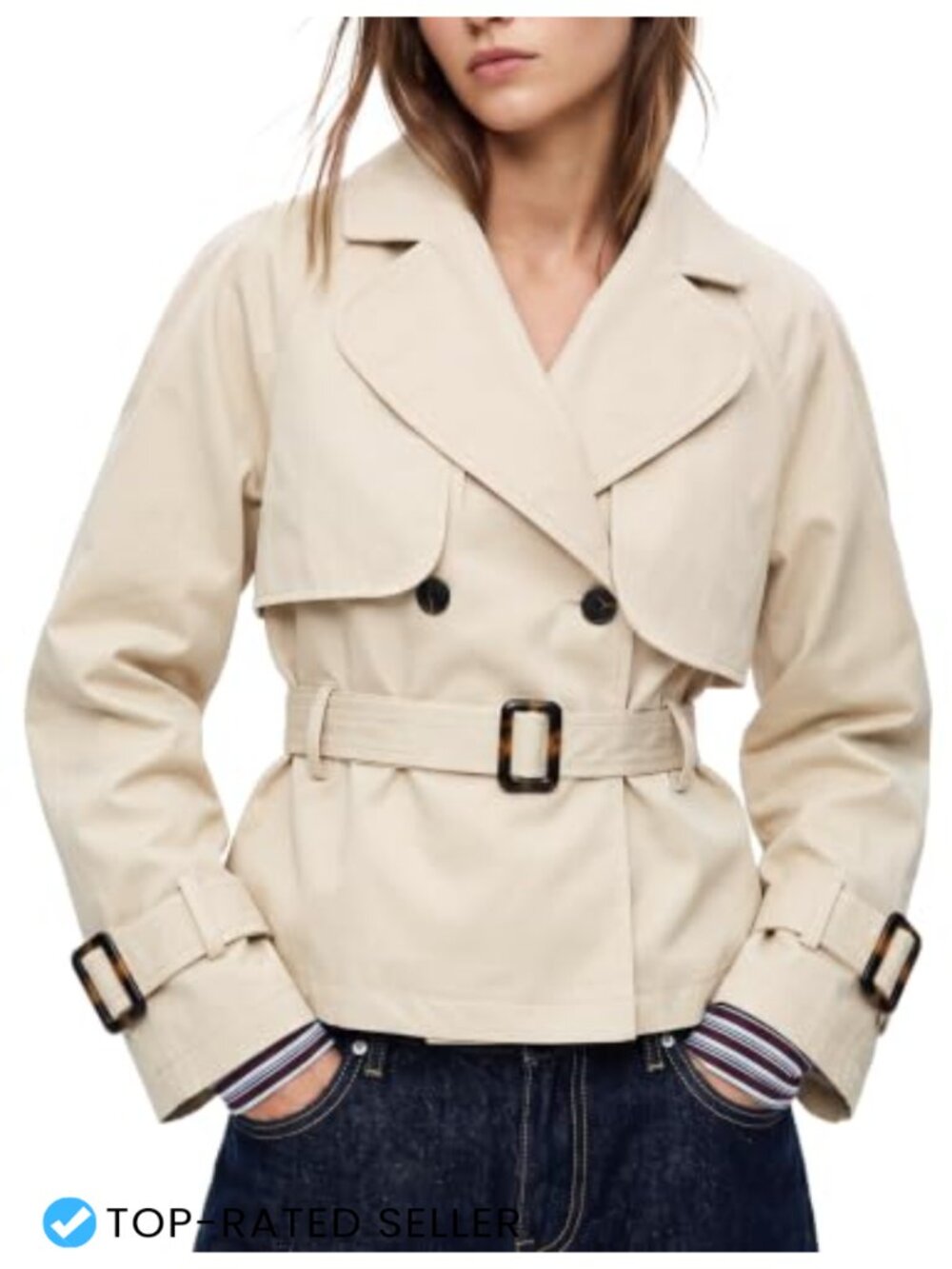 Cropped Trench Coat Double Breasted Belted Jacket